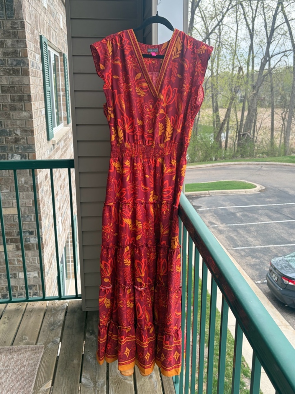 🆕🍎 Vince Camuto Boho Floral Maxi Dress Red Orange Tiered Size L Summer Flowy - Picture 3 of 16